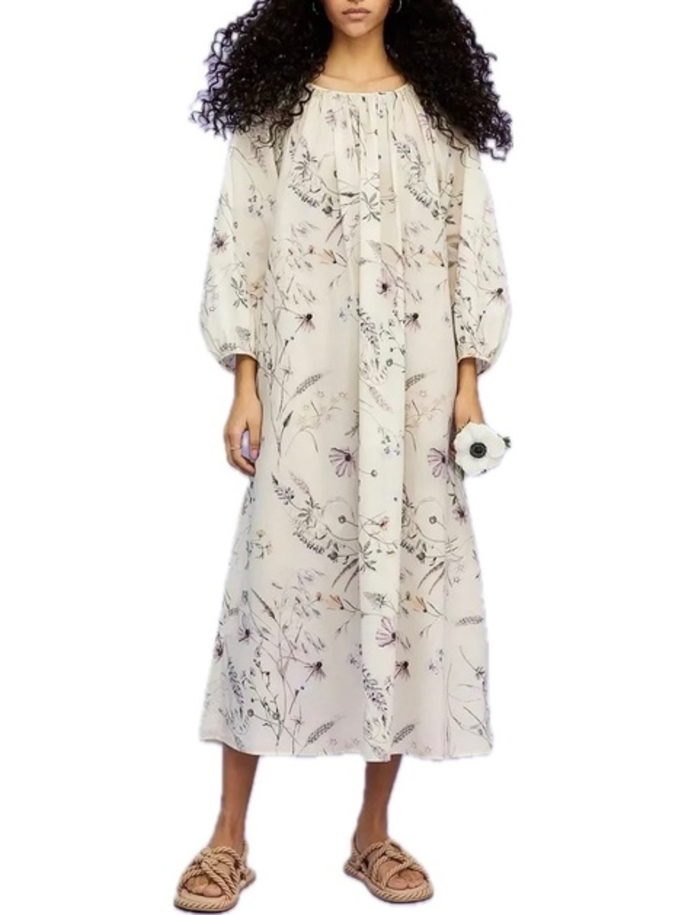 H&M Off-White & Purple Floral Printed Raglan Long Sleeves Cotton Dress Size M
